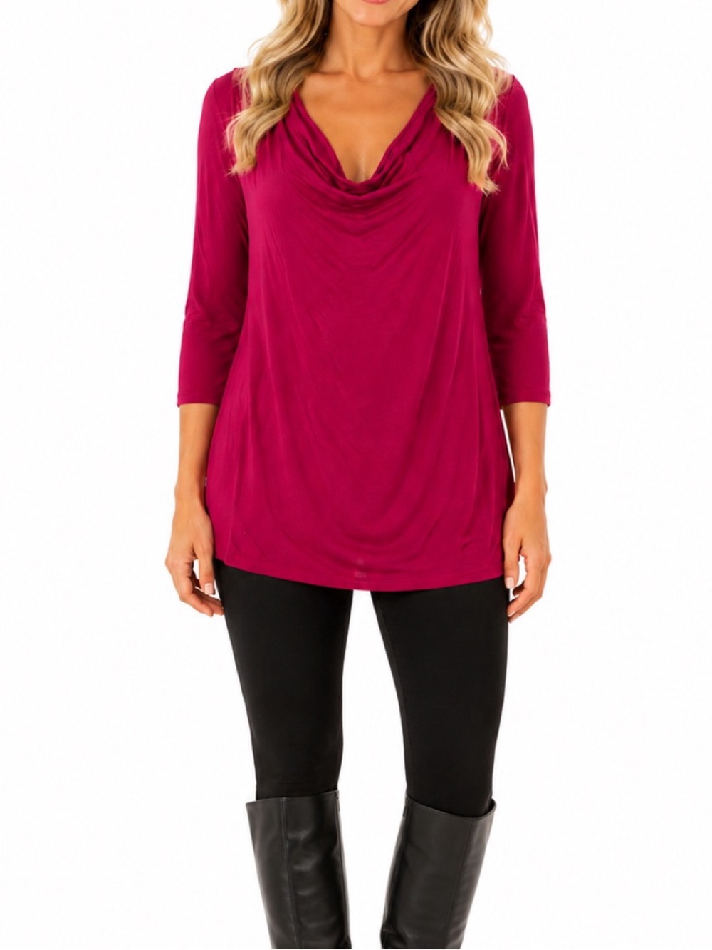 Studio Y red scoop cowl neck top with lace on back & 3/4 length sleeves